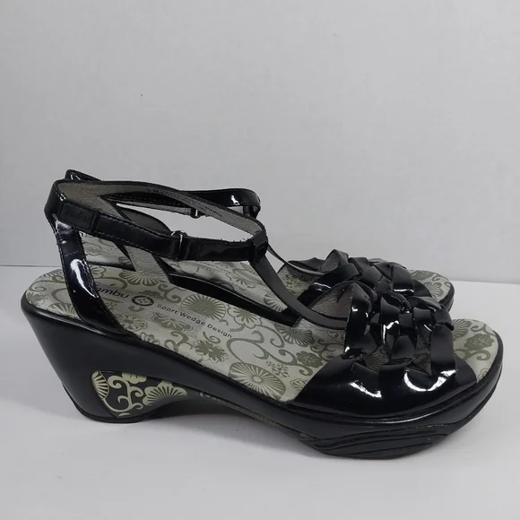Jambu Sport Wedge Camden Size 9 M Glossy Black T-Strap Sandals Shoes - Picture 6 of 13